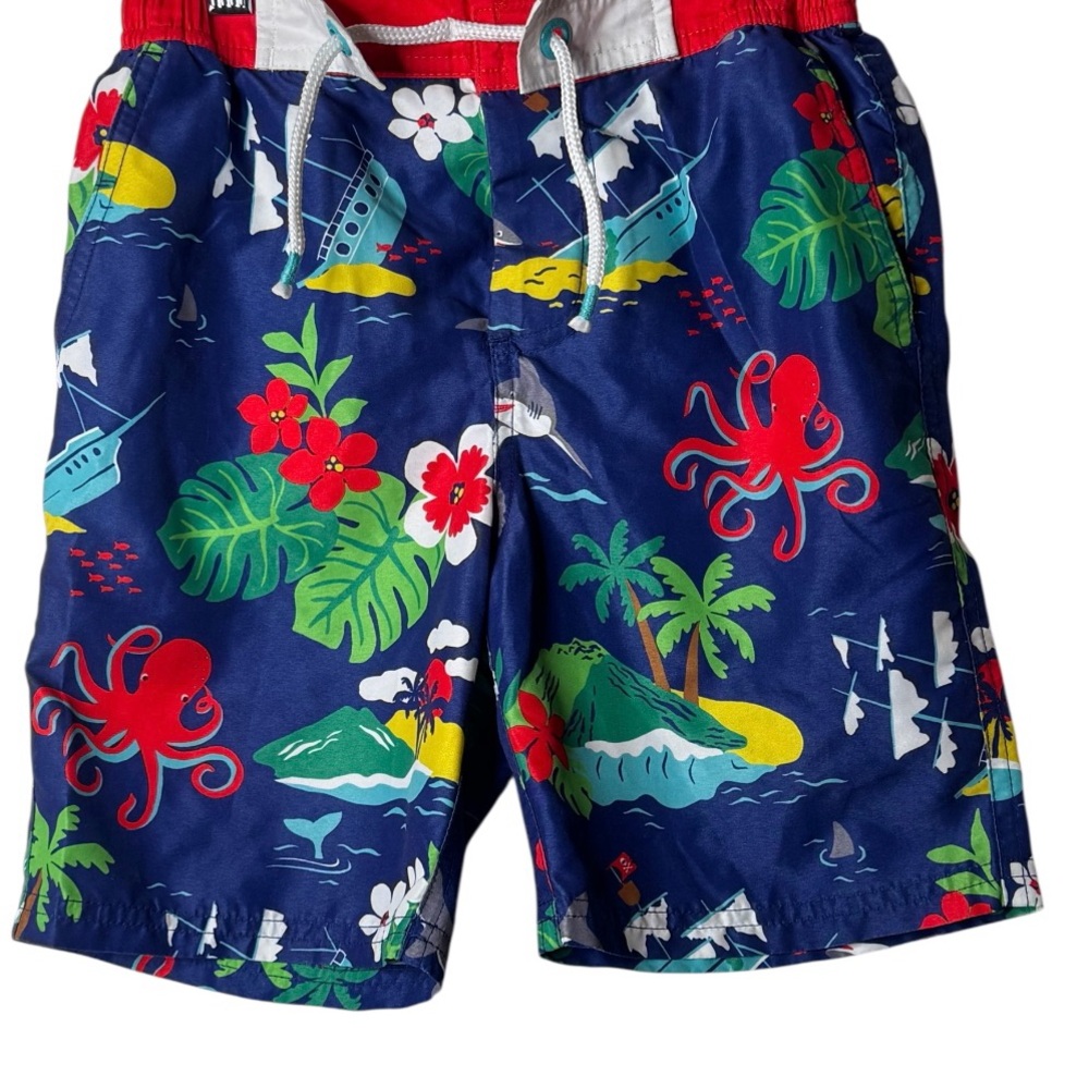 Boden Kids Ocean Adventure Print Shorts - Blue and Red (Size 7/8)